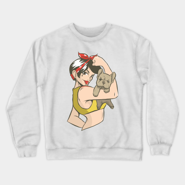 Pinup girl with bulldog puppy